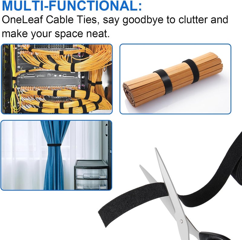 Oneleaf 20ft x 1/2inch Fastening Cable Ties Roll, Reusable Self-Gripping Strips, Double Sided Hook and Loop Tape Cable Management, Cut to Length Straps, Black Heavy Duty Wire Management - Image 5